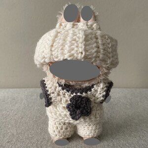 Handmade Crochet Cute White Grey Holiday Winter Outfit for 17cm Doll 3-Piece Set